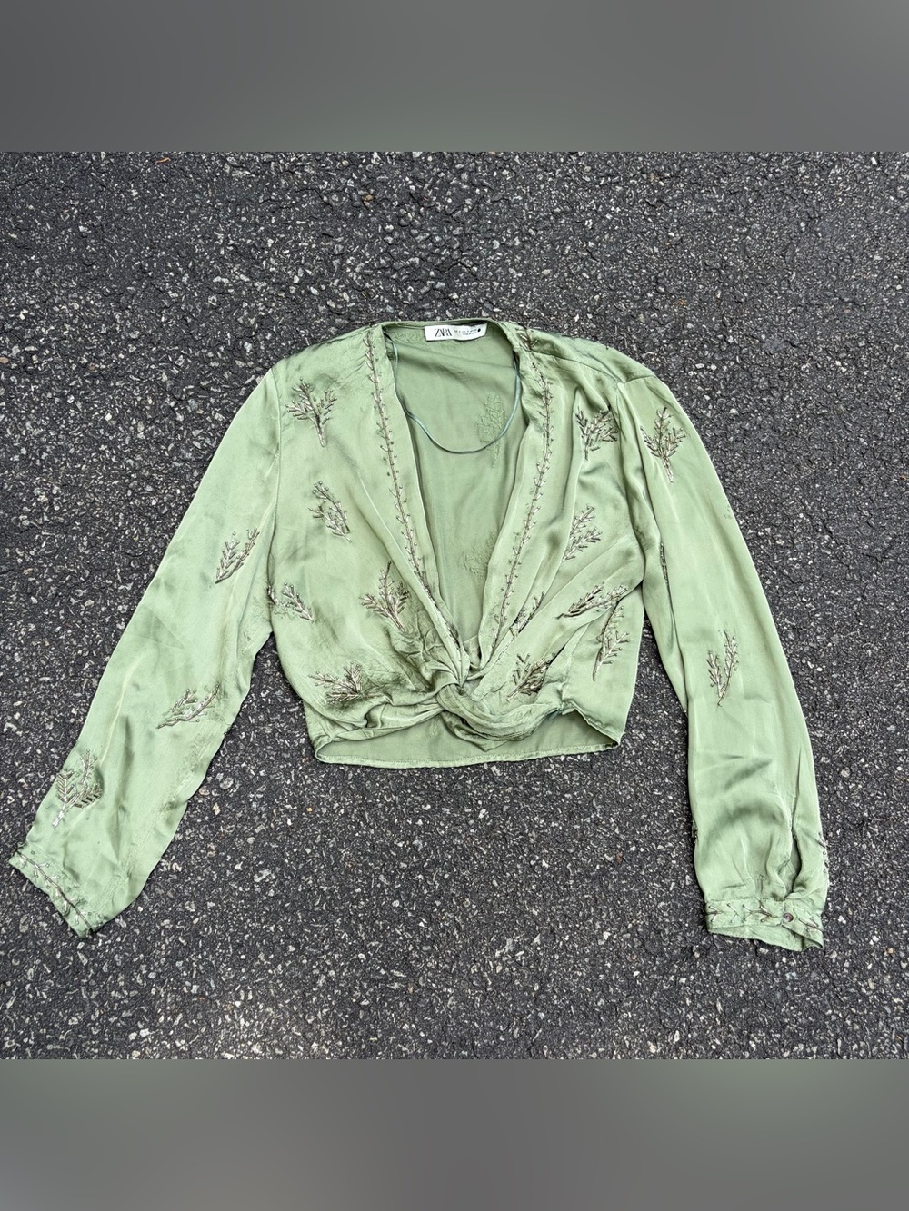 Zara Sage Green Embroidered Twist-Front Crop Blouse